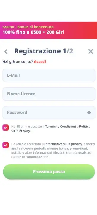 Processo di registrazione di Infinity su smartphone